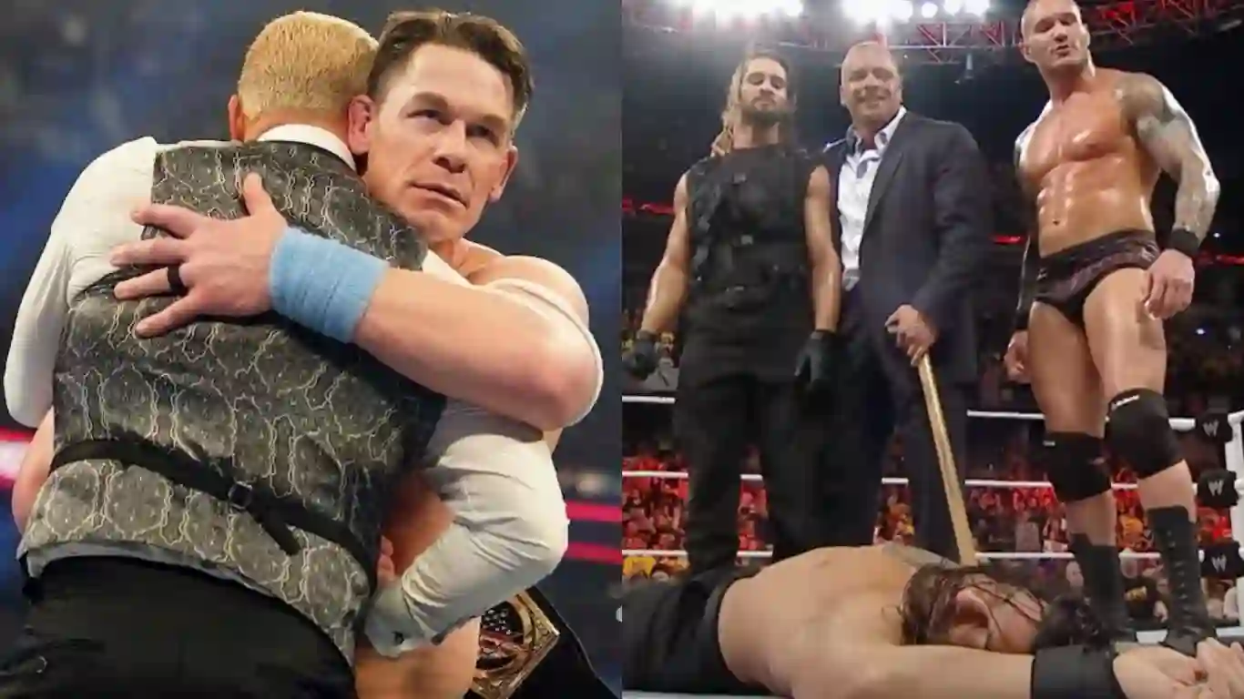 Famous WWE heel turn images: John Cena turns on Cody Rhodes. Seth Rollins turns on 'The Shield'