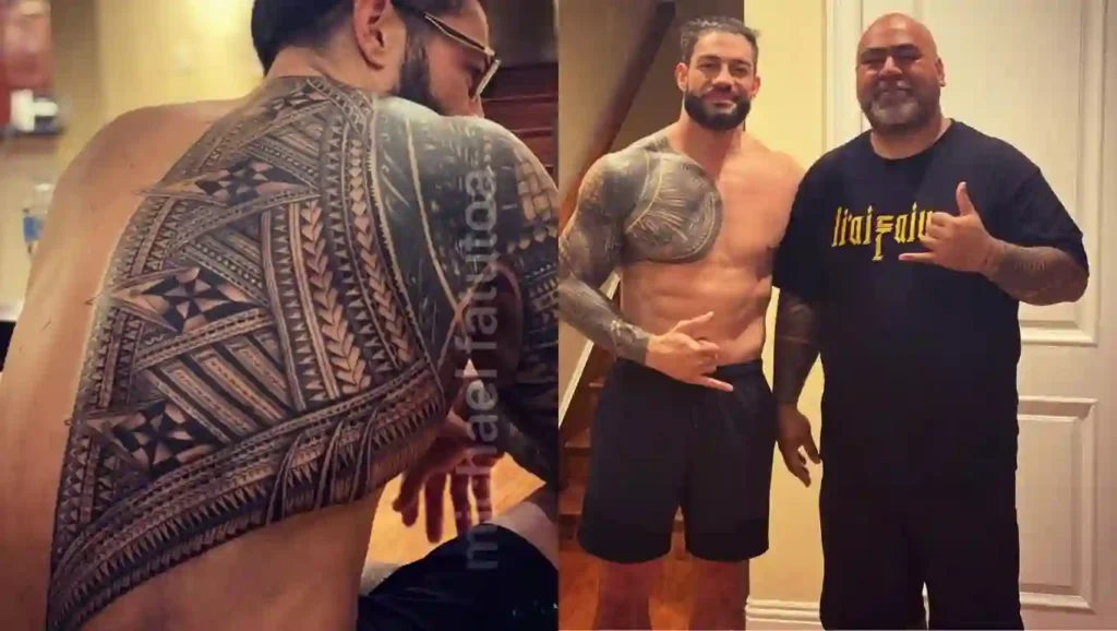 Roman Reigns showing his back tattoo