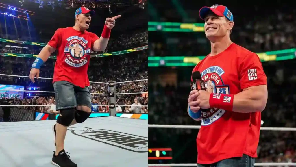John Cena standing in WWE Ring addressing crowd, about his retirement